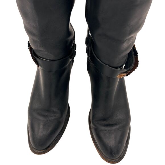 Frye Black Tall Leather Western Boots with Feather Detail Size 6 B - Picture 2 of 10